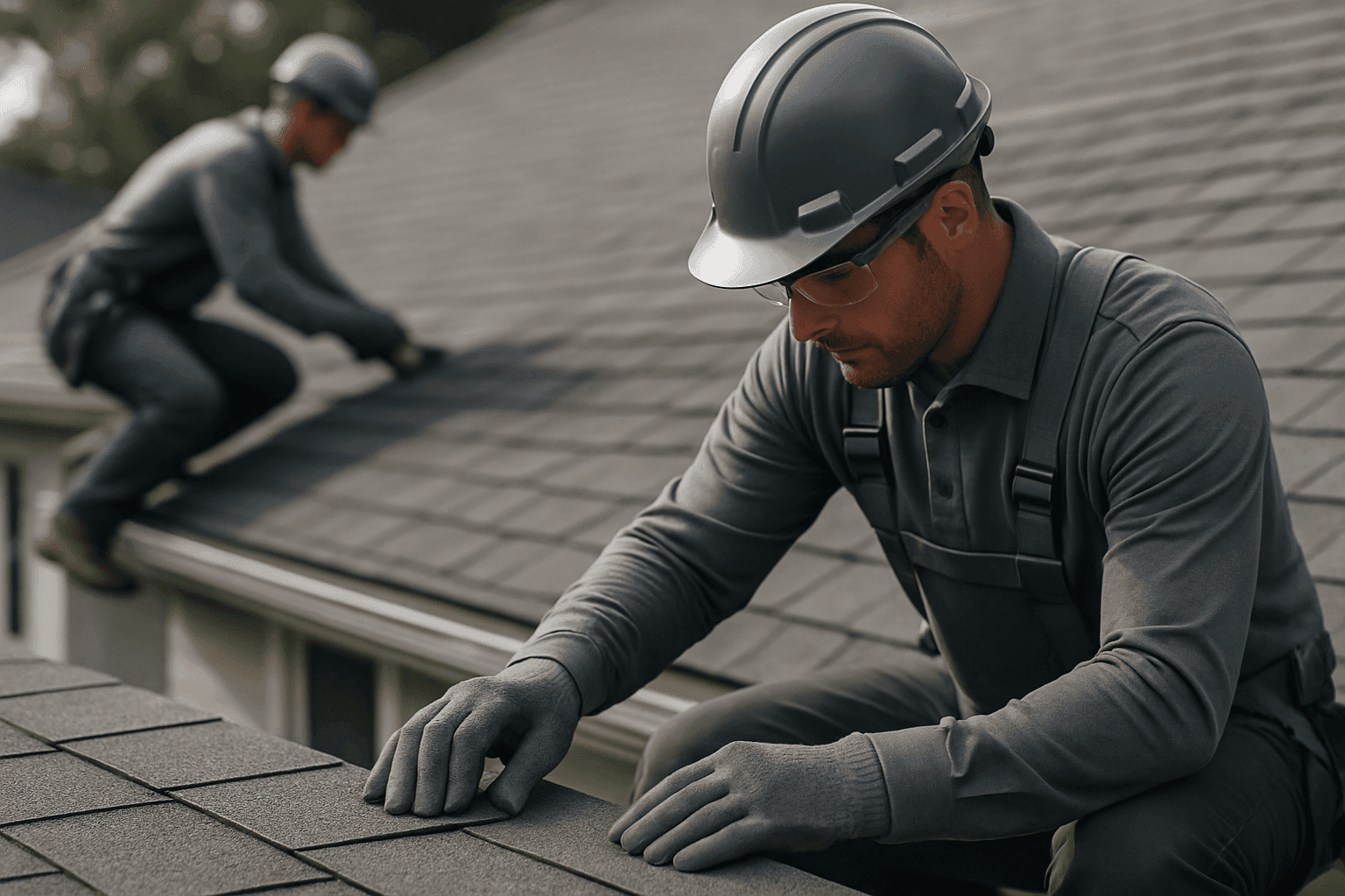 Professional roofer in safety gear handling roofing materials on a residential roof
